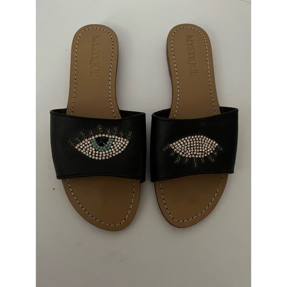 Mystique Women's Leather Evil Eye Rhinestone Bohemia Flat Slide Sandals Size 10 - Picture 4 of 9